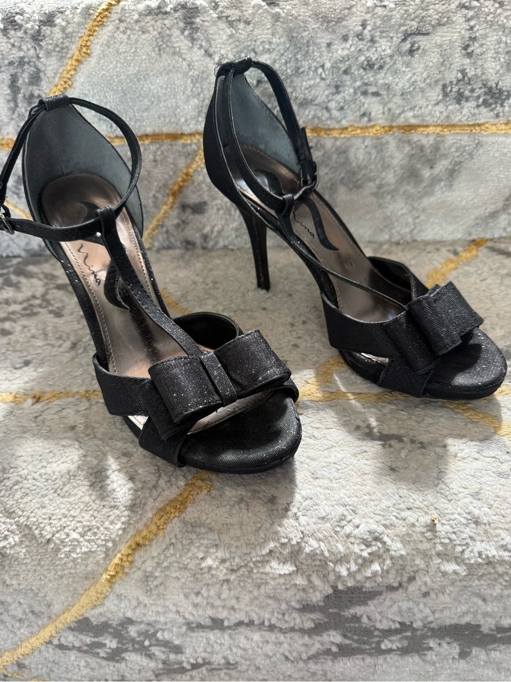 Nina Black T-Strap Stiletto Sandals with Bow